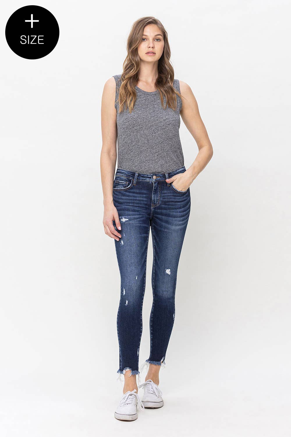 VERVET : PLUS SIZE MID RISE UNEVEN RAW HEM SKINNY JEAN : VERIFIABLE