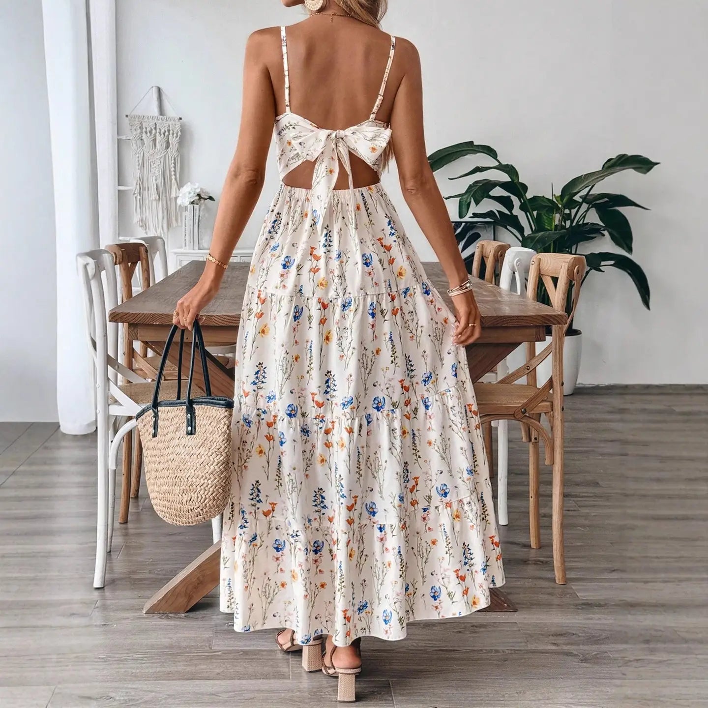 Womens Strappy Midi Floral Dress
