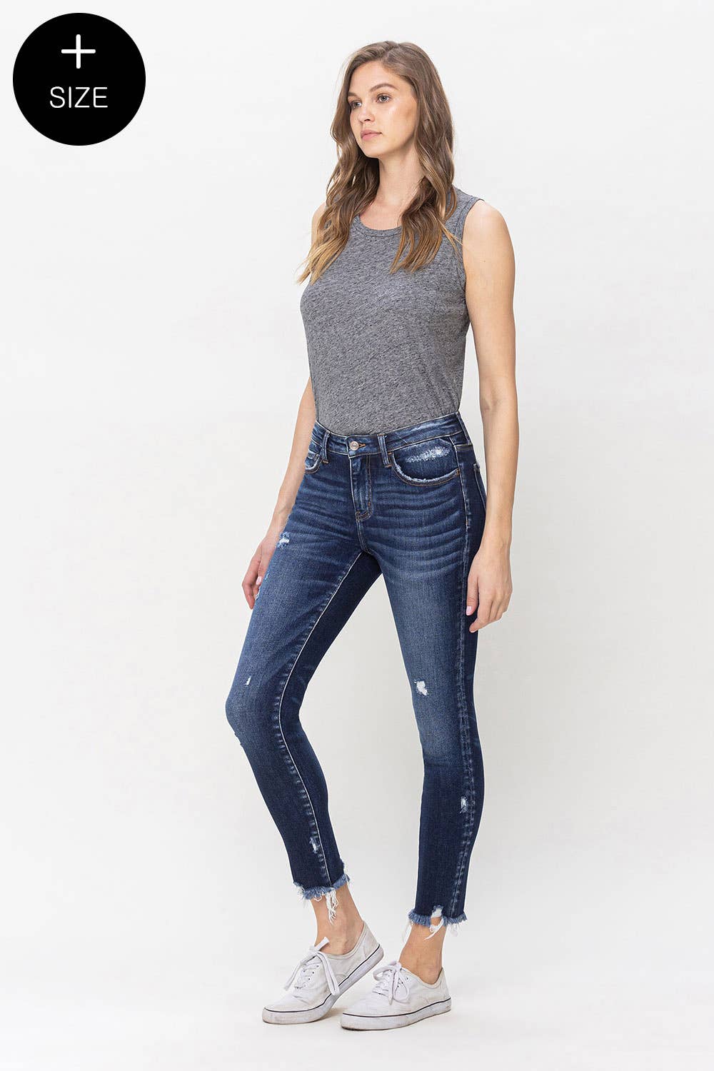 VERVET : PLUS SIZE MID RISE UNEVEN RAW HEM SKINNY JEAN : VERIFIABLE