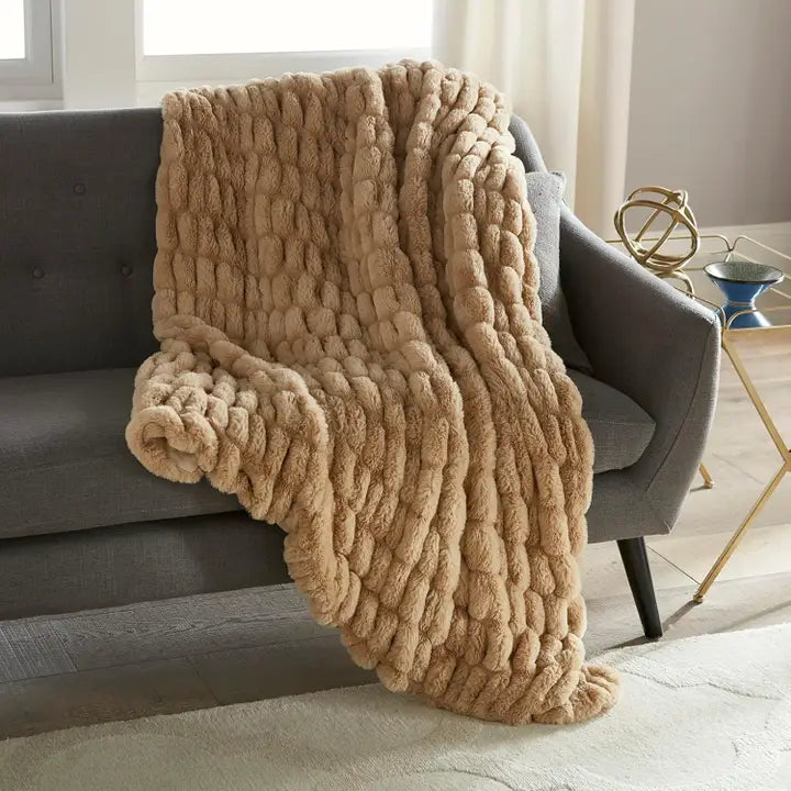 Ruched Faux Rabbit Fur Throw 50" X 60"