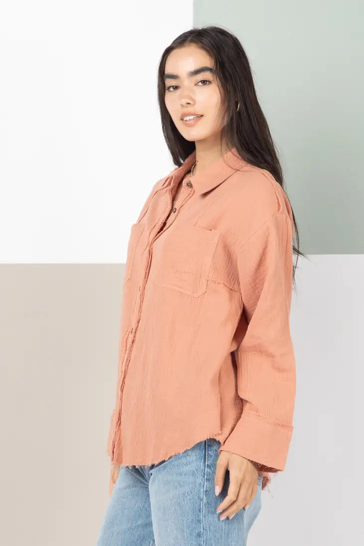 Frayed Hem Detail Solid Woven Shirt Top