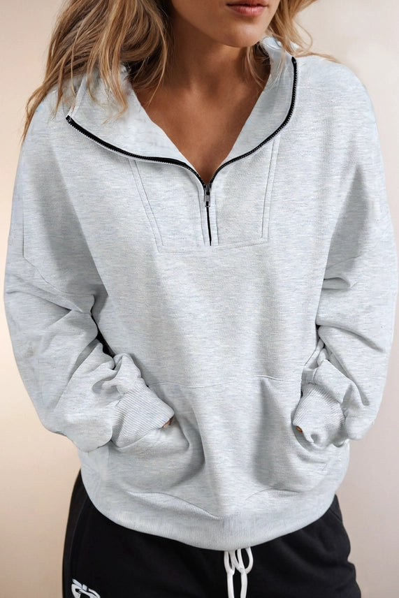 Half Zip Stand Neck Kangaroo Pocket Sweatshirt