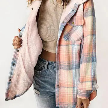 Button-Up Plaid Hooded Plush Jacket