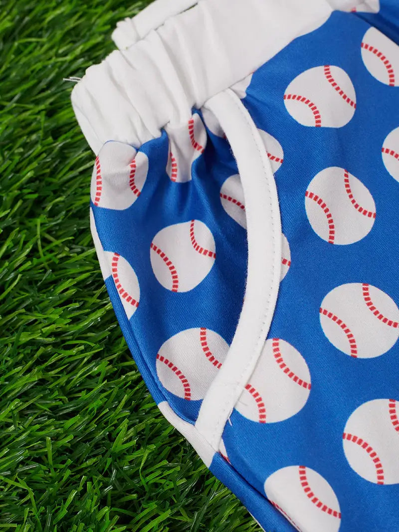 Royal Blue Baseball Printed Girls Short