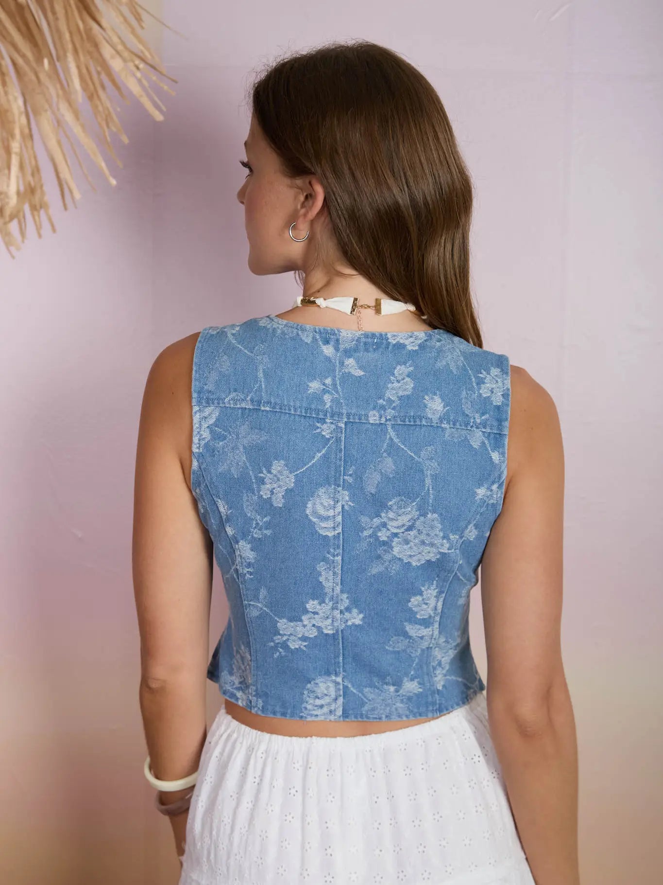 Floral jacquard Button Denim Vest