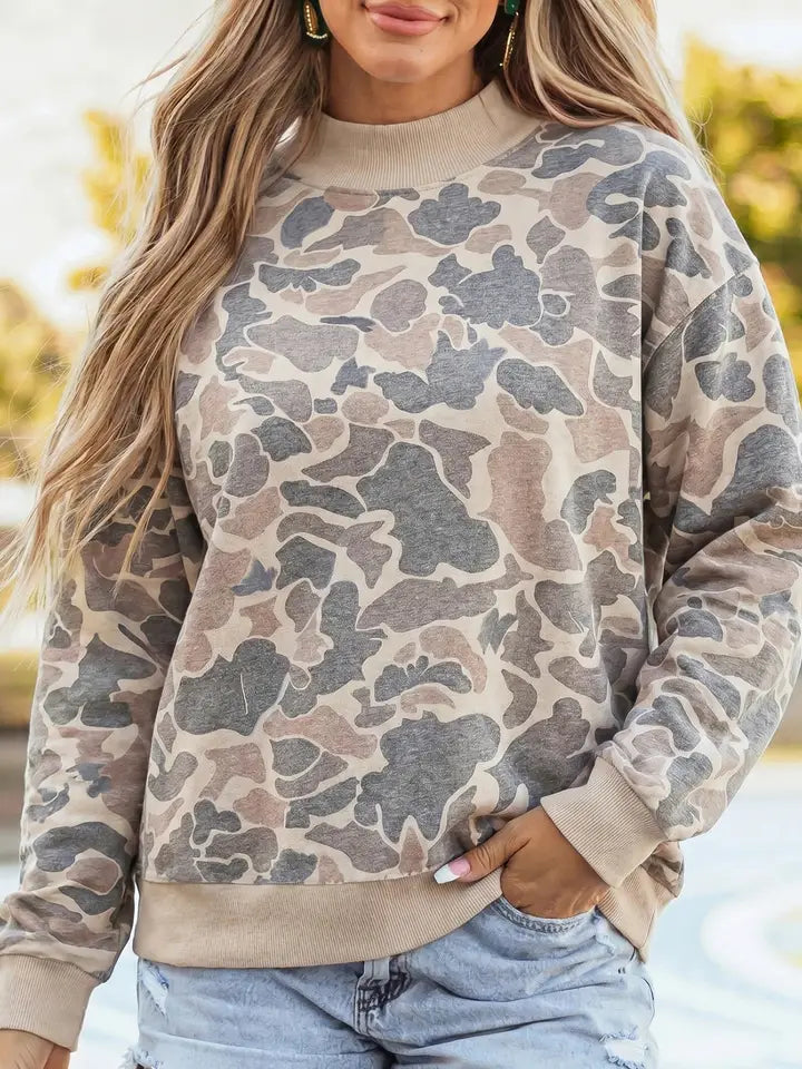 Beige Leopard/Camouflage Print Ribbed Trim Mock Neck Long Sleeve Top