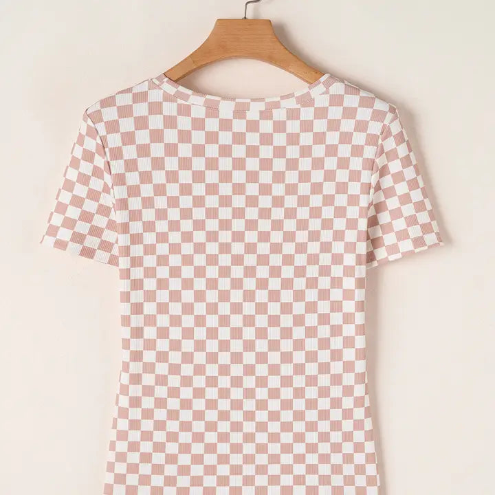 Checkered Ribbed Slim Fit Crew Neck T Shirt
