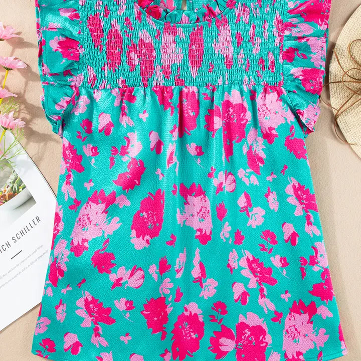 Floral Ruffled Flutter Sleeve Ruched Blouse