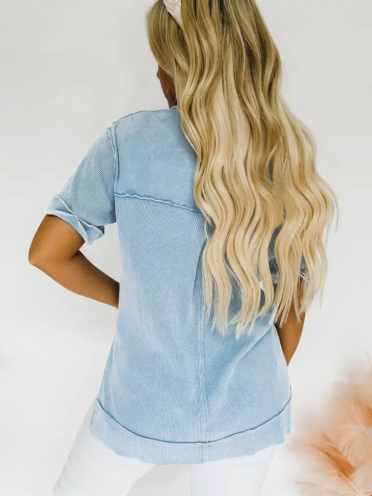 Acid Wash Waffle Knit Short Sleeve Buttoned Shirt