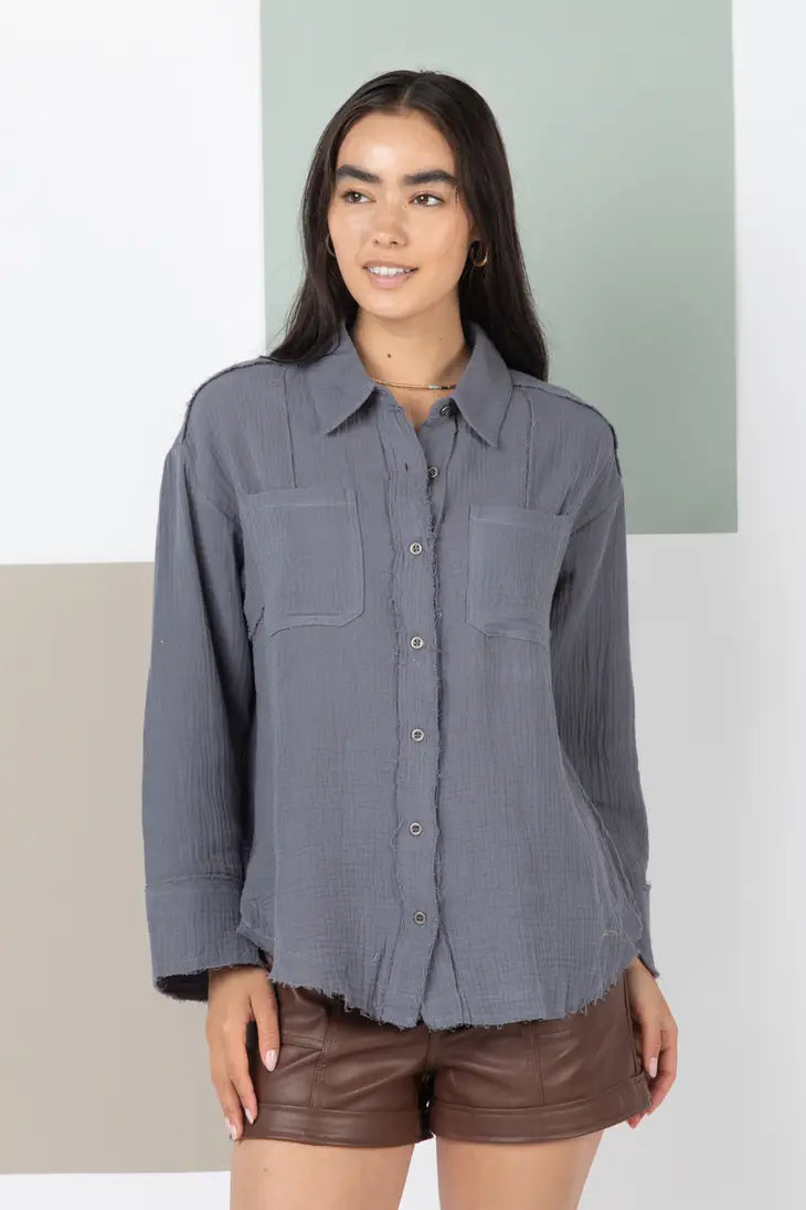 Frayed Hem Detail Solid Woven Shirt Top