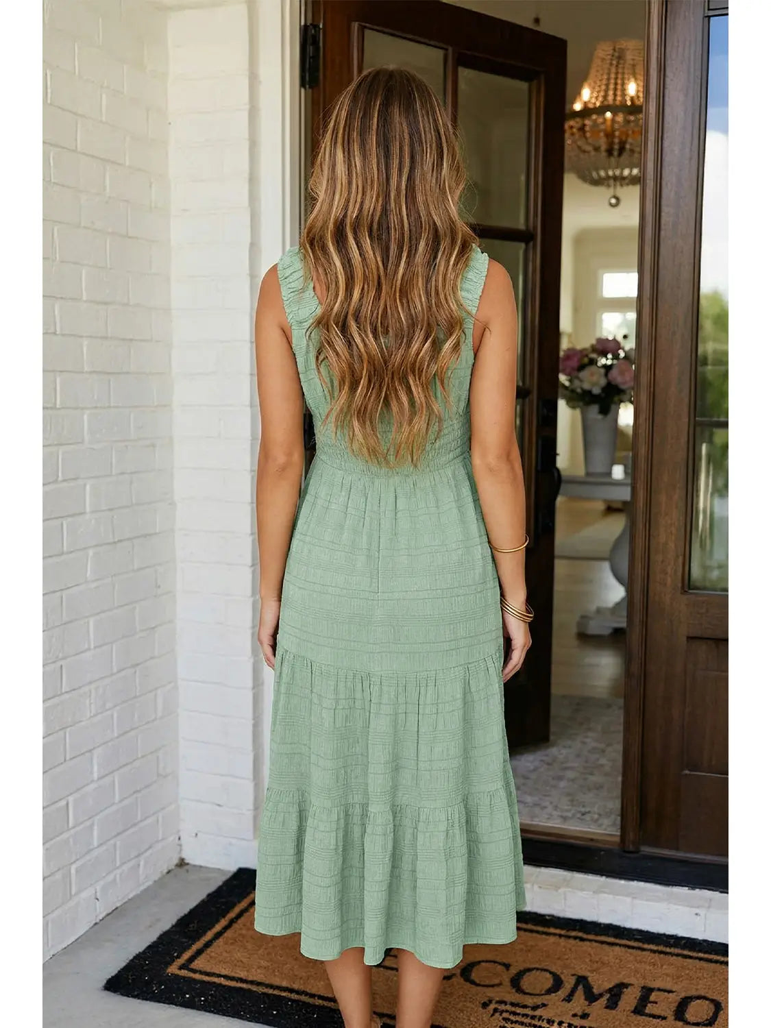 Las Shirred Square Neck Dress