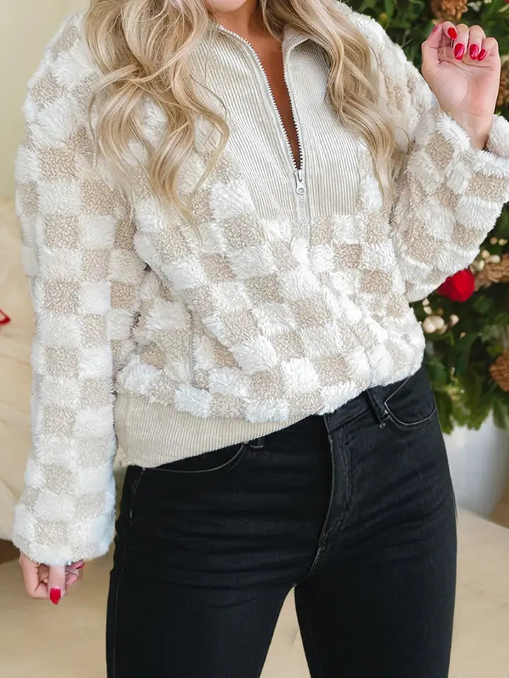 Checker Sherpa Corduroy Patchwork Zip Up Collared Sweatshirt