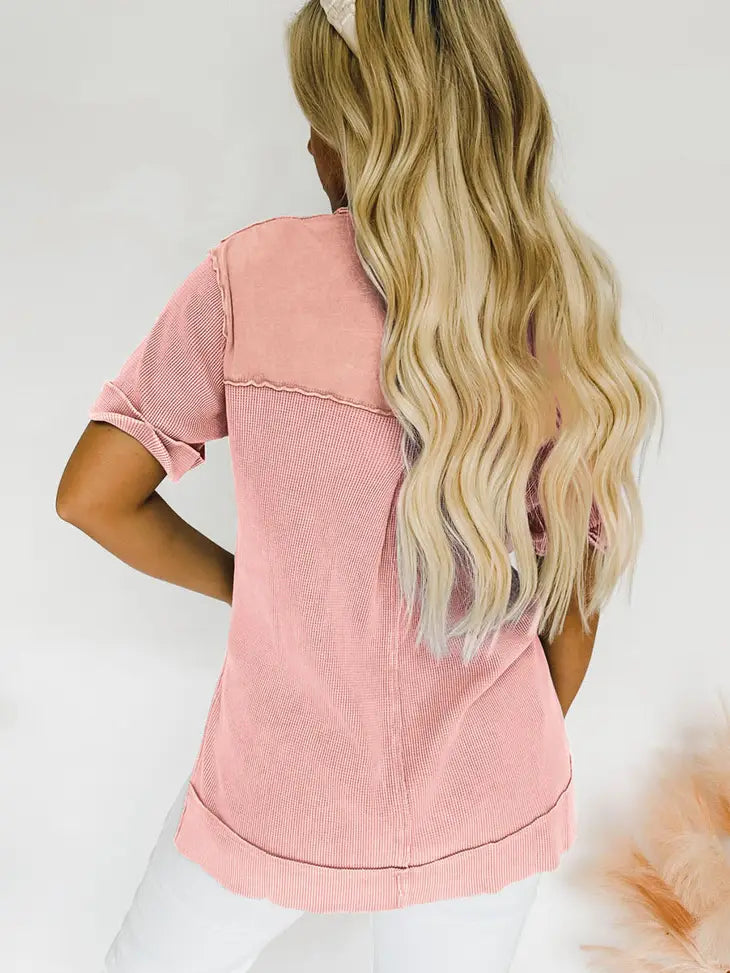 Acid Wash Waffle Knit Short Sleeve Buttoned Shirt