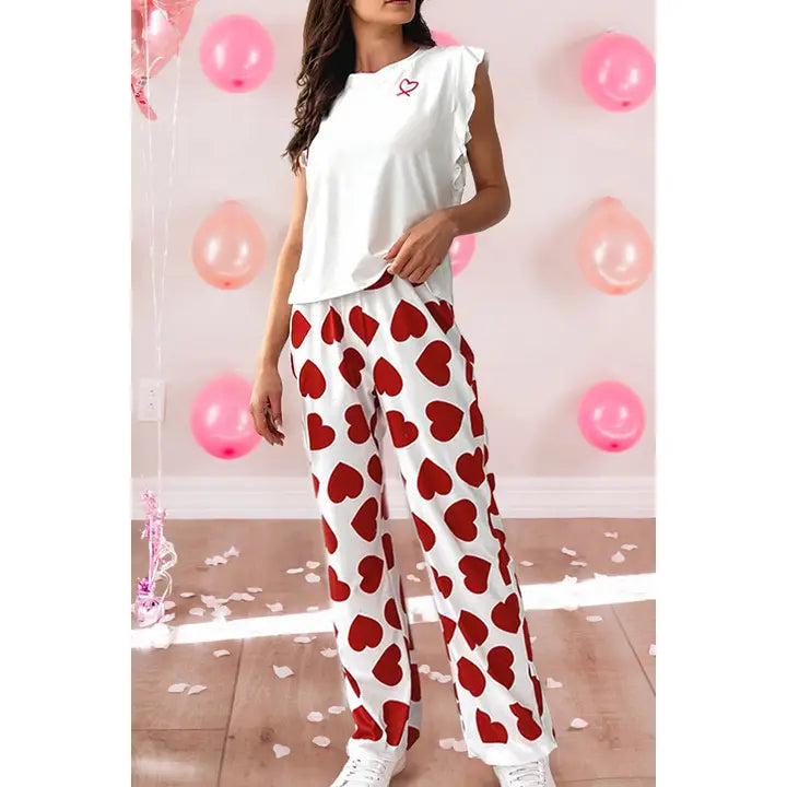 Sleeve Top Love Print Pants Two Piece Casual Pajama