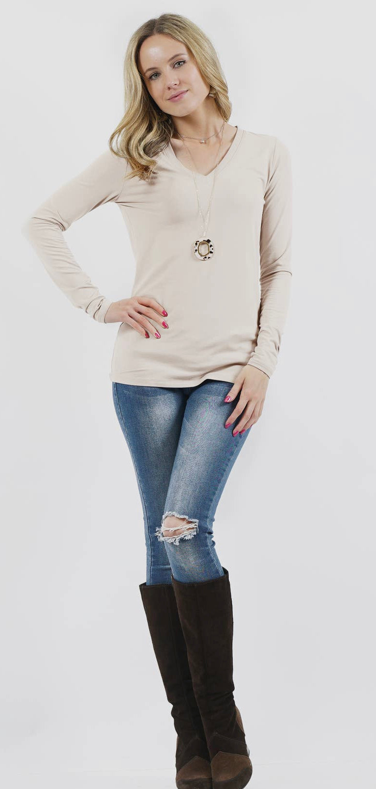 Brushed Microfiber Long Sleeve V-Neck Tee