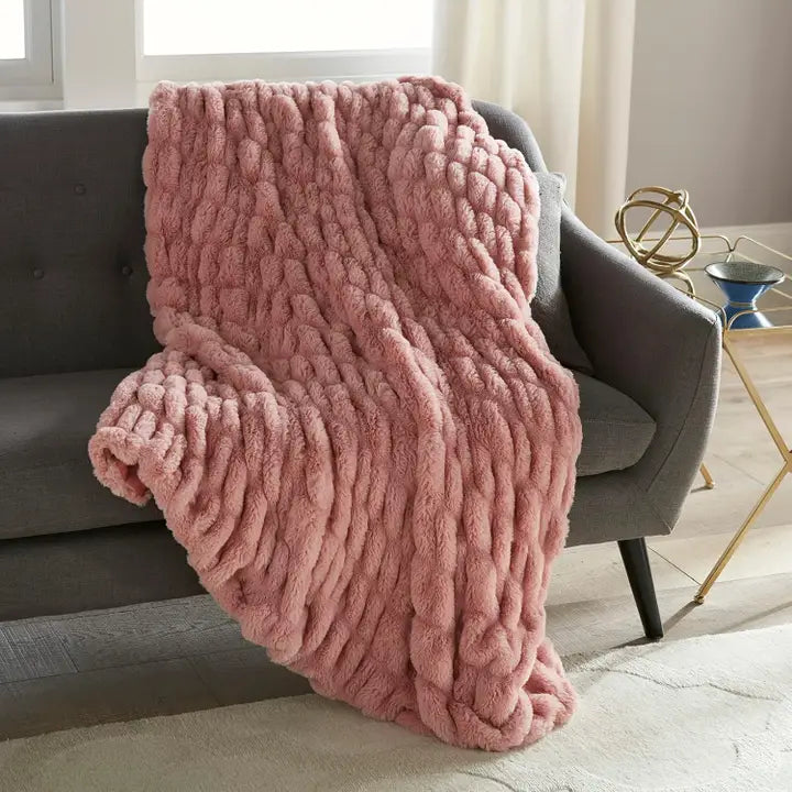 Ruched Faux Rabbit Fur Throw 50" X 60"