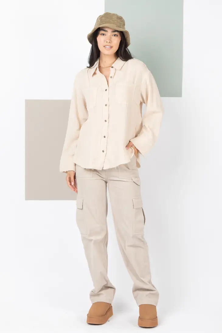 Frayed Hem Detail Solid Woven Shirt Top