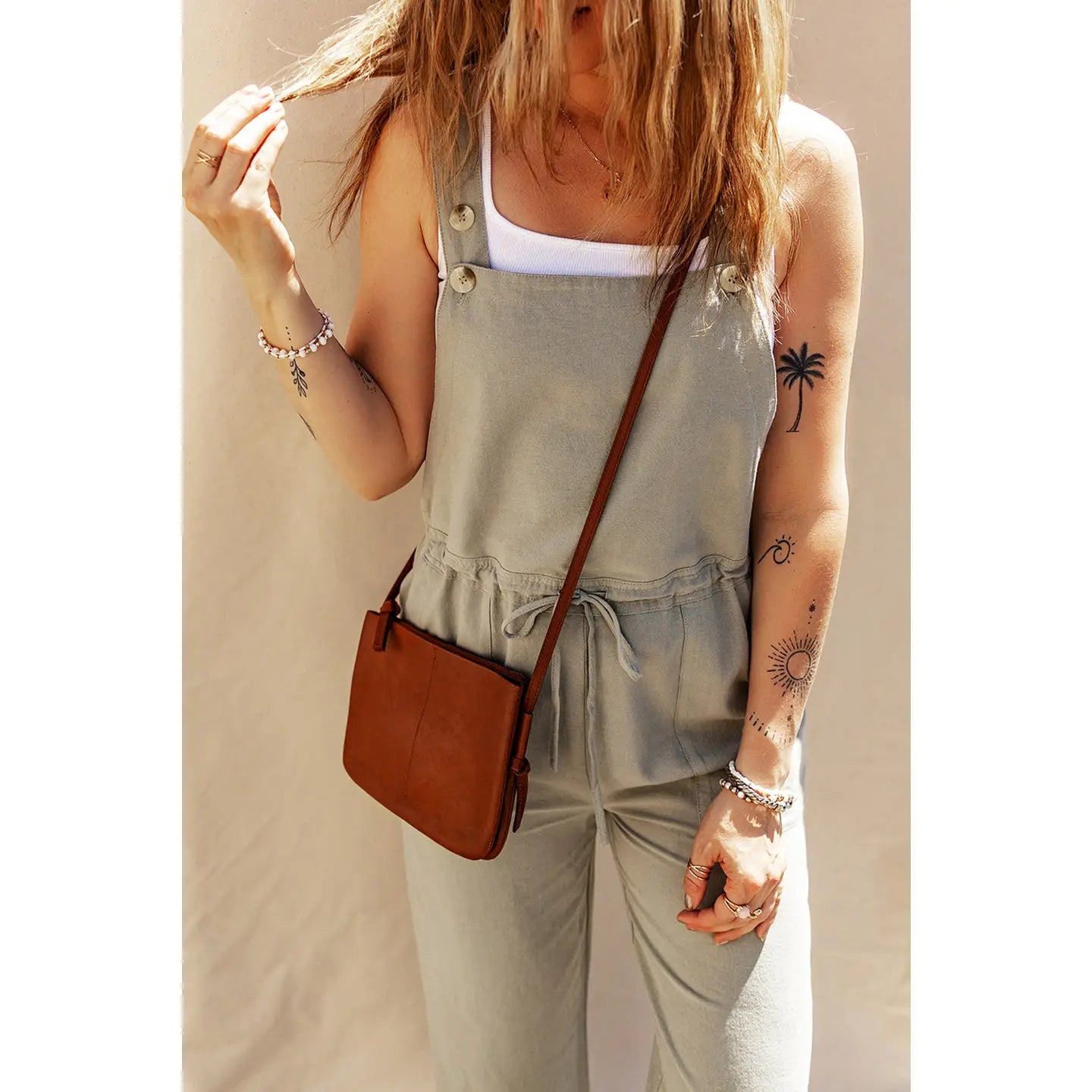 Drawstring Buttoned Straps Cropped Overall