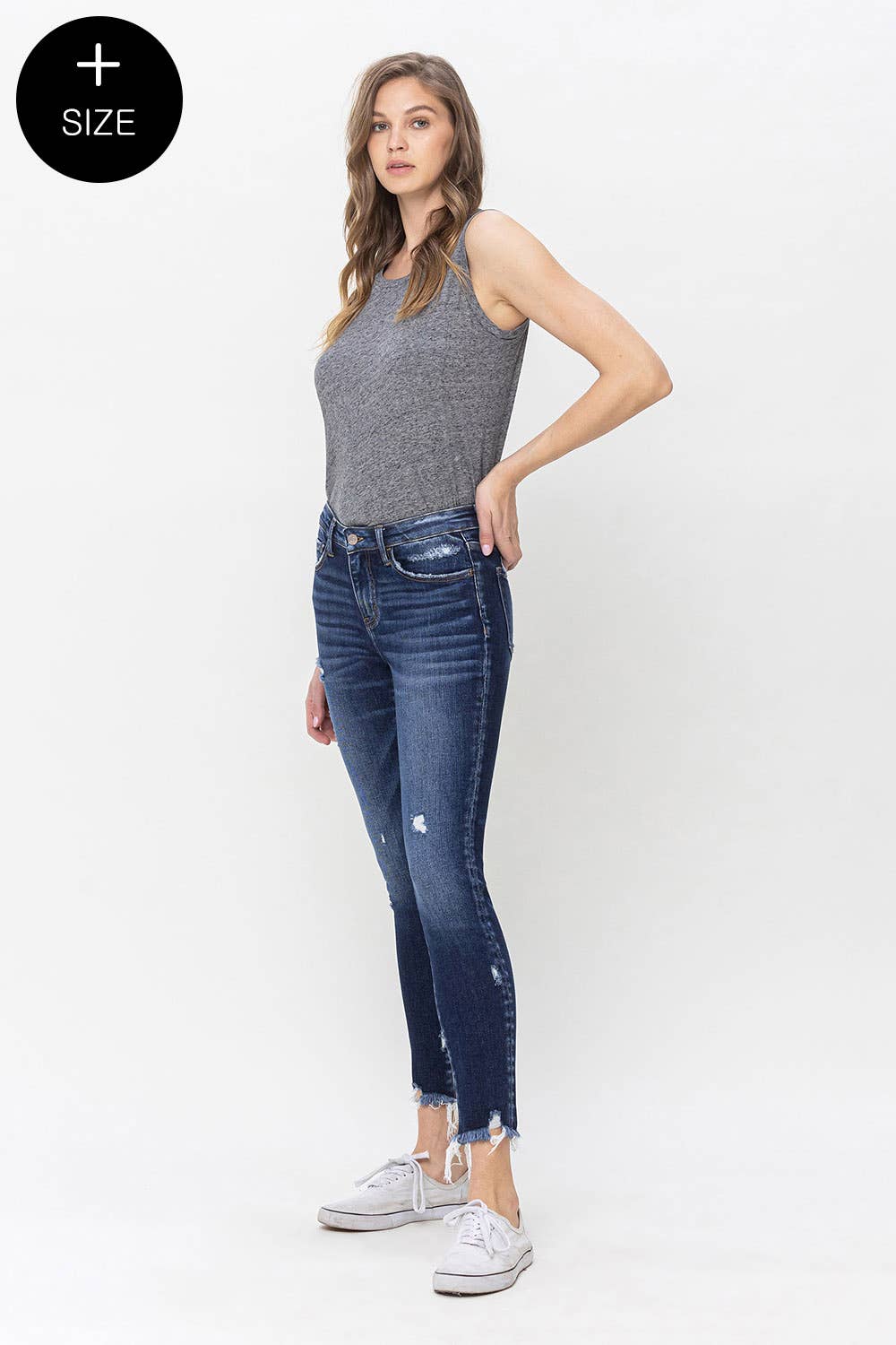 VERVET : PLUS SIZE MID RISE UNEVEN RAW HEM SKINNY JEAN : VERIFIABLE