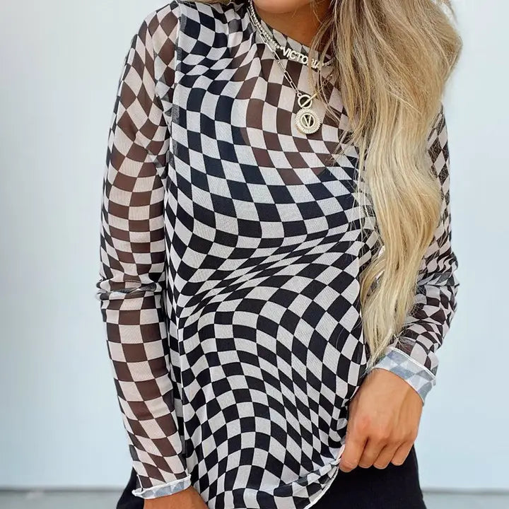 Checkered Mesh Long Sleeve Top