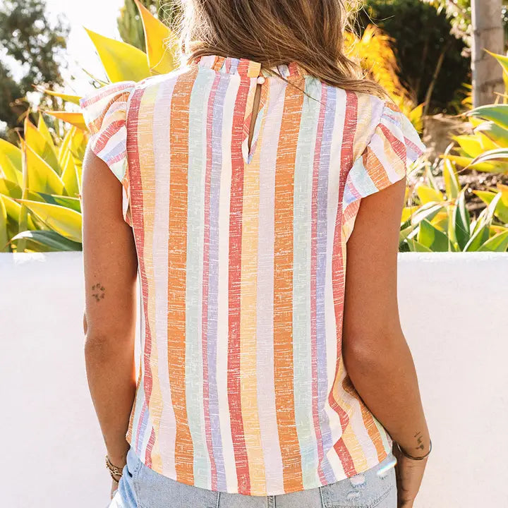 Multicolor Striped Color Block Ruffled O-Neck Sleeveless Top