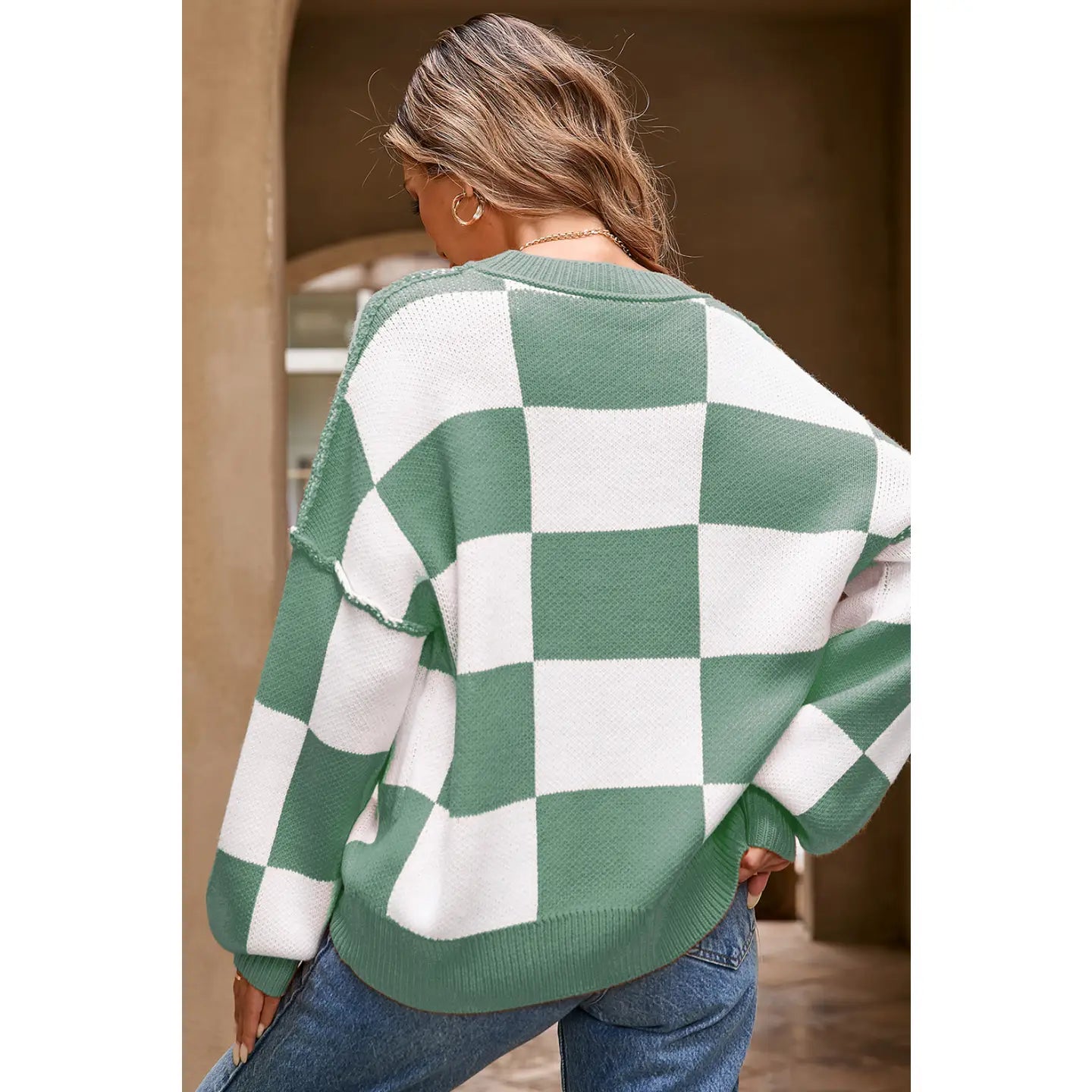 Checkered Bishop Sleeve Sweater