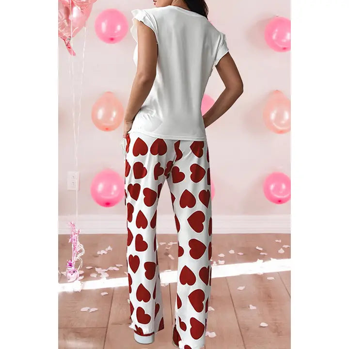 Sleeve Top Love Print Pants Two Piece Casual Pajama