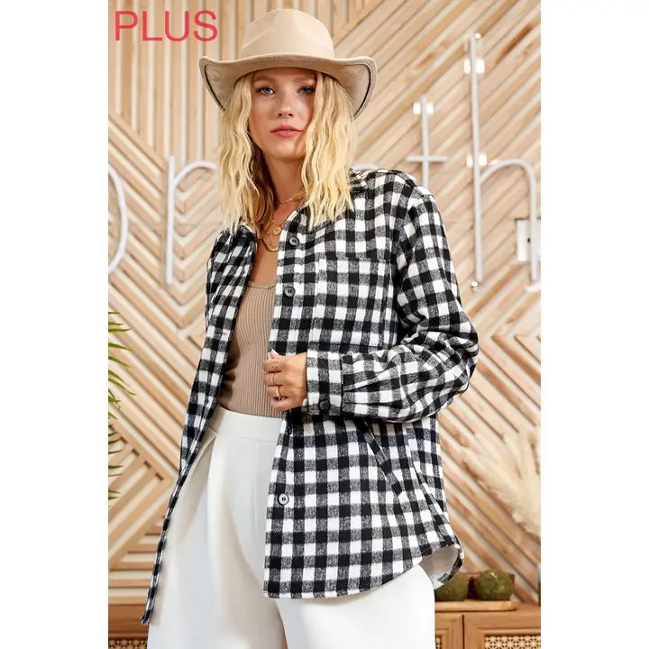 Plus Fuzzy Plaid Fur Lined Button Down Flannel Shacket