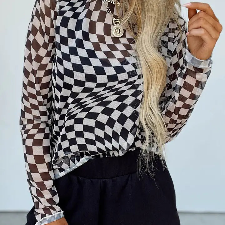 Checkered Mesh Long Sleeve Top