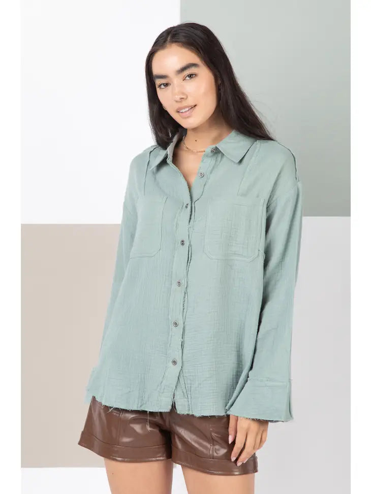 Frayed Hem Detail Solid Woven Shirt Top