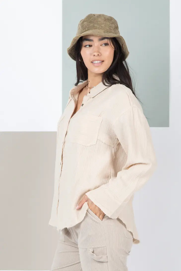 Frayed Hem Detail Solid Woven Shirt Top
