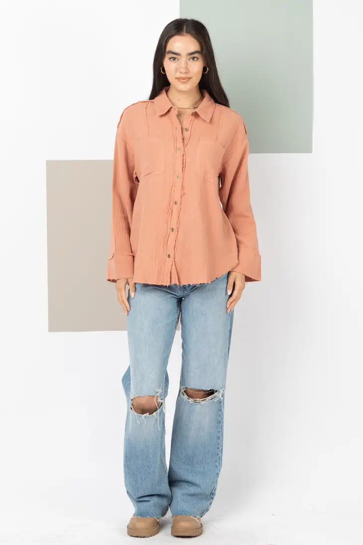 Frayed Hem Detail Solid Woven Shirt Top