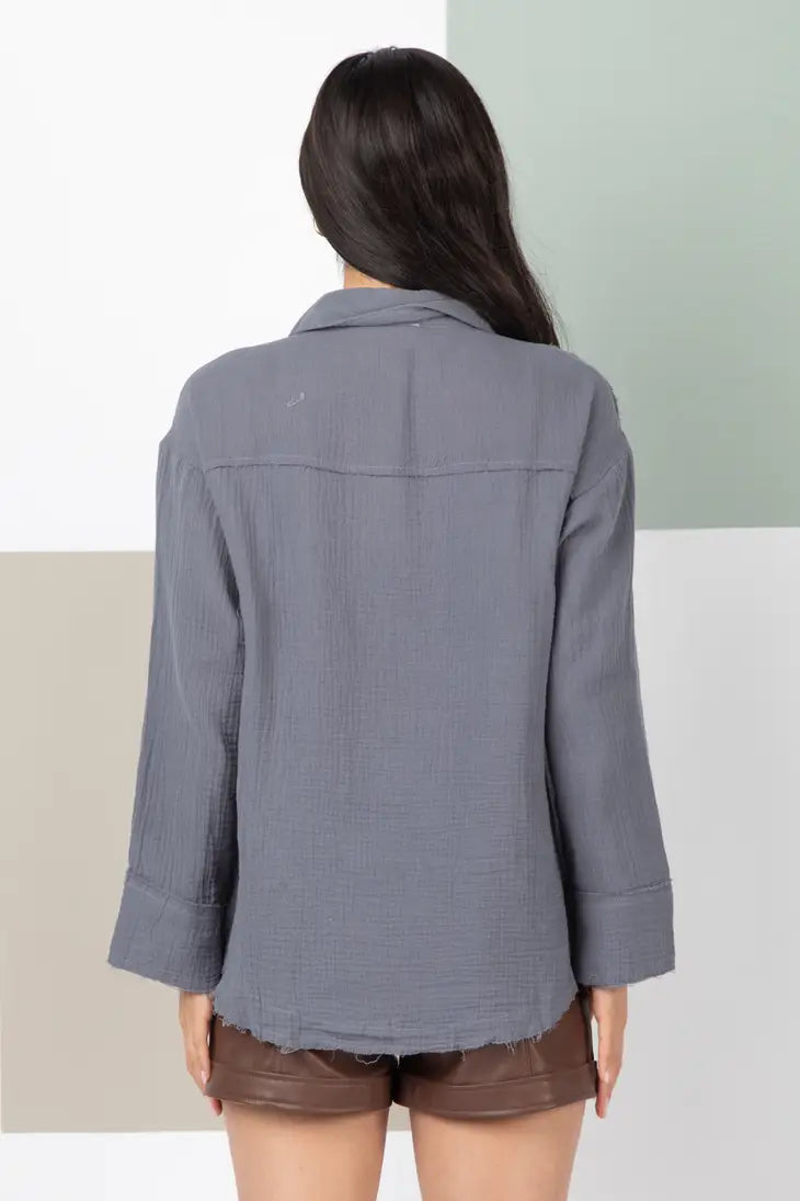 Frayed Hem Detail Solid Woven Shirt Top