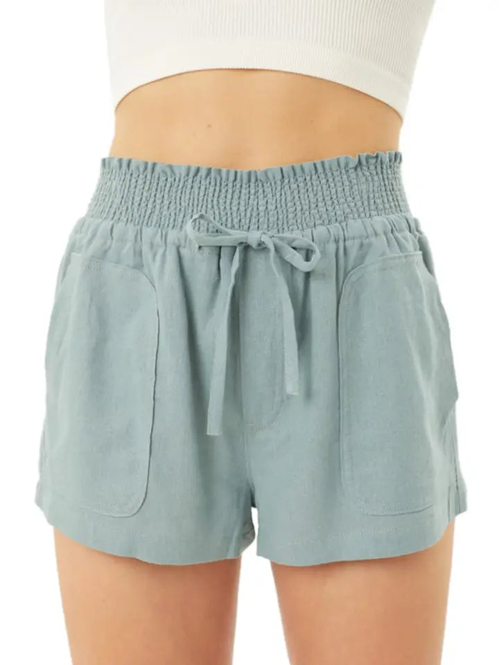 Woven Solid Smoked Waist Shorts