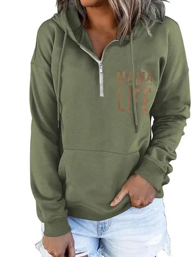 Mama Life Zipper Hooded Kangaroo Pockets Sweatshirt