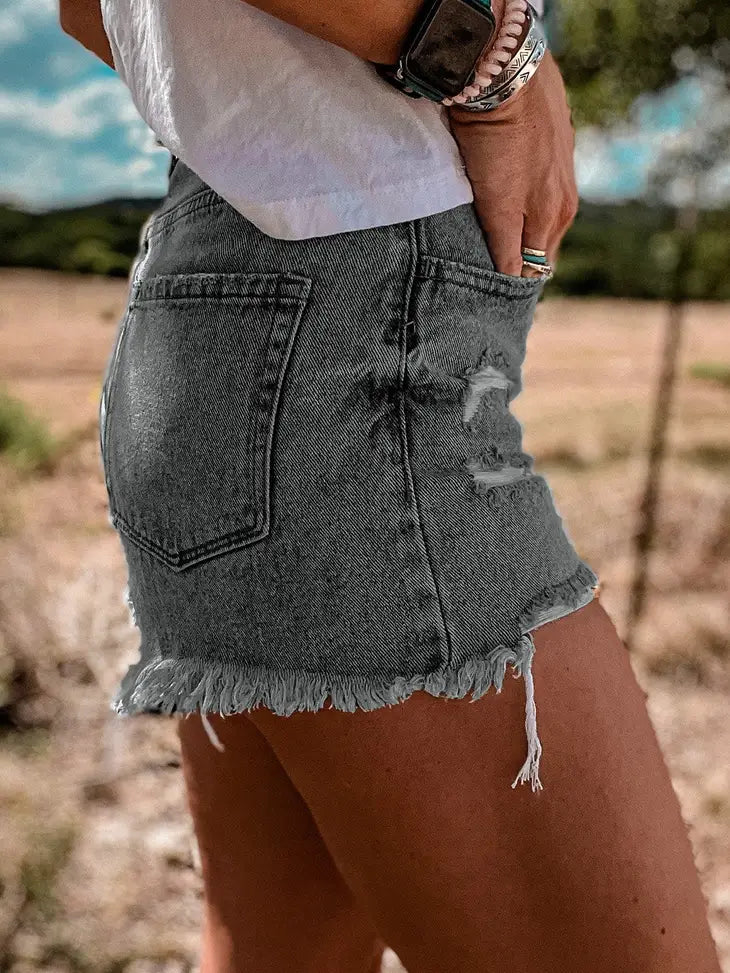 High Rise Crossover Waist Denim Shorts