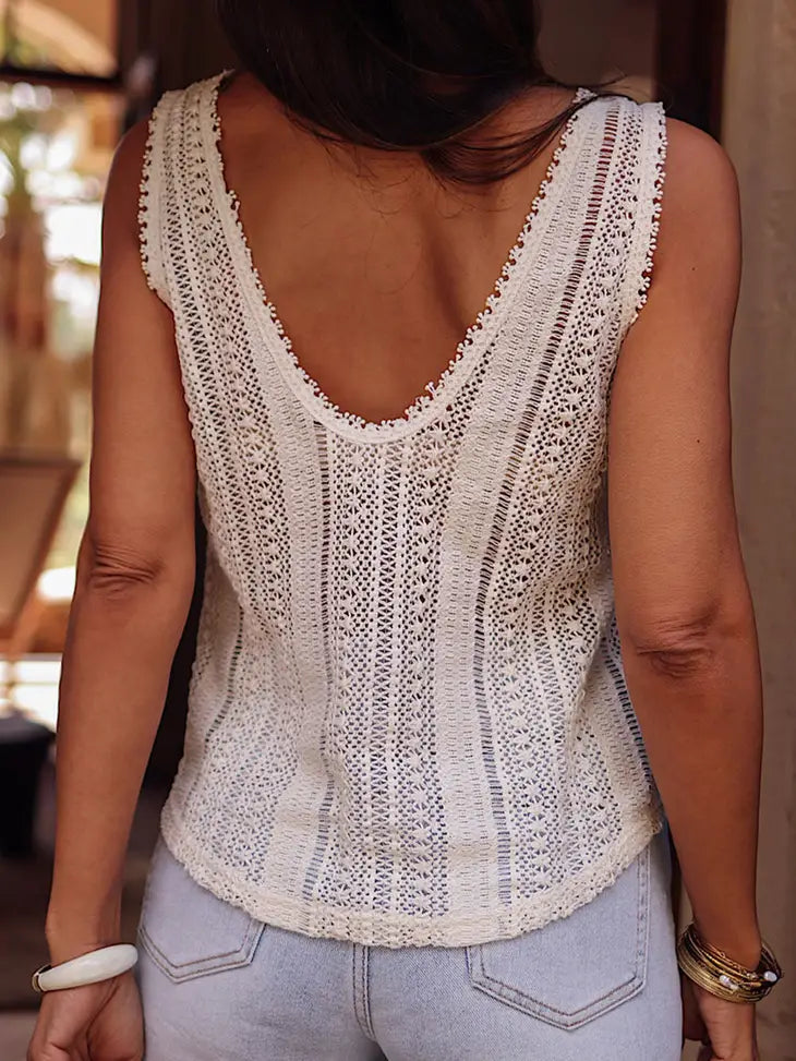 White Lace Crochet Open Back U neck Tank Top