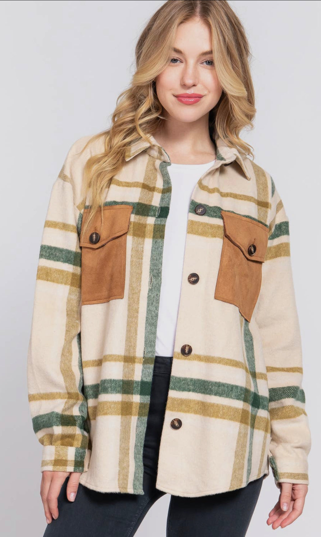 Suede Pocket Brushed Plaid Shacket