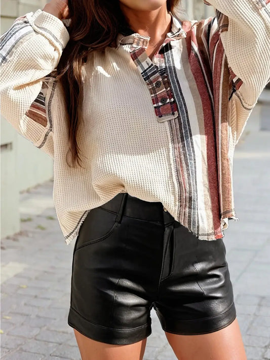 Waffle Patchwork Exposed Seam Raw Edge Casual Knit Top