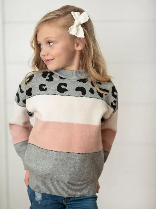 Kids Pink Gray Leopard Stripe Crew Neck Fall Winter Sweater