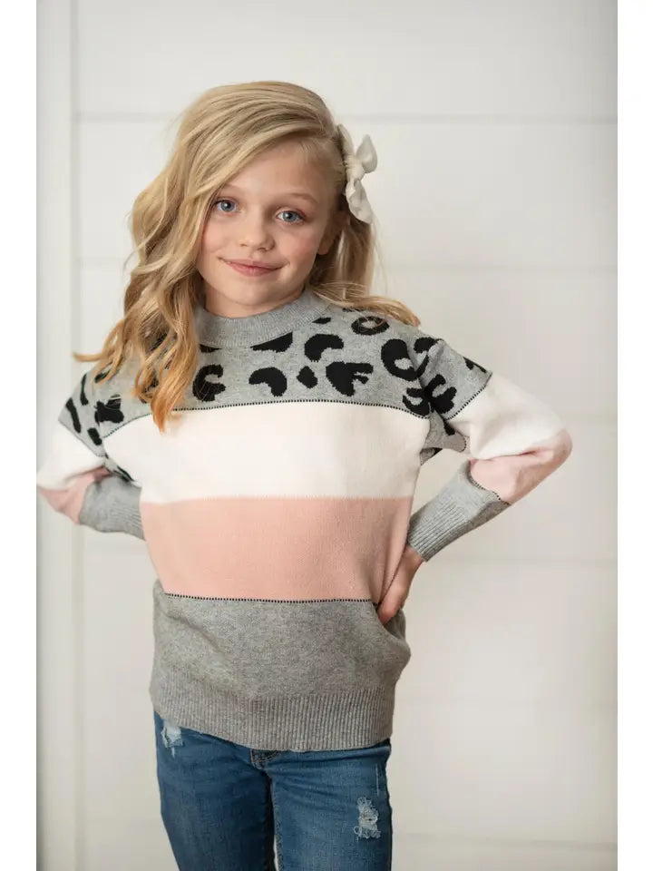 Kids Pink Gray Leopard Stripe Crew Neck Fall Winter Sweater