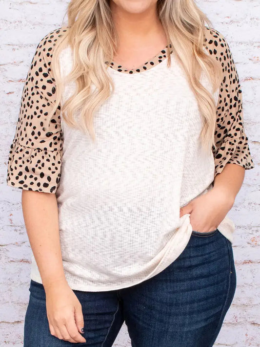 Leopard Splice Ruffle Half Sleeve Plus Size T Shirt