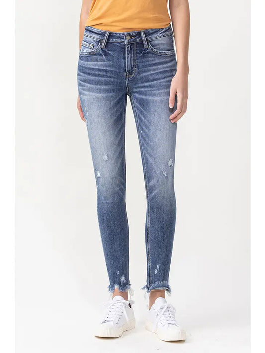 Mid Rise Ankle Skinny With Frayed Hem