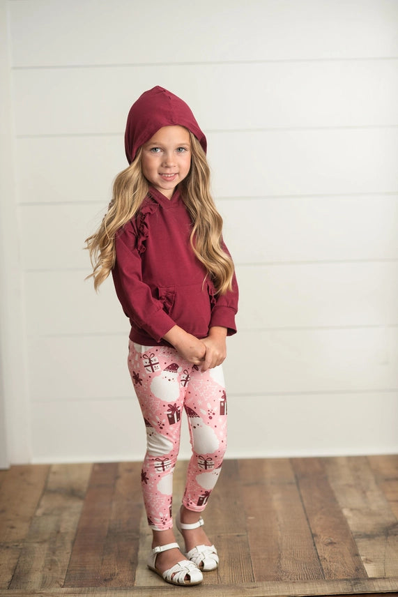 Kids Pink Santa Pocket Ruffle Hoodie Shirt and Leggings Set