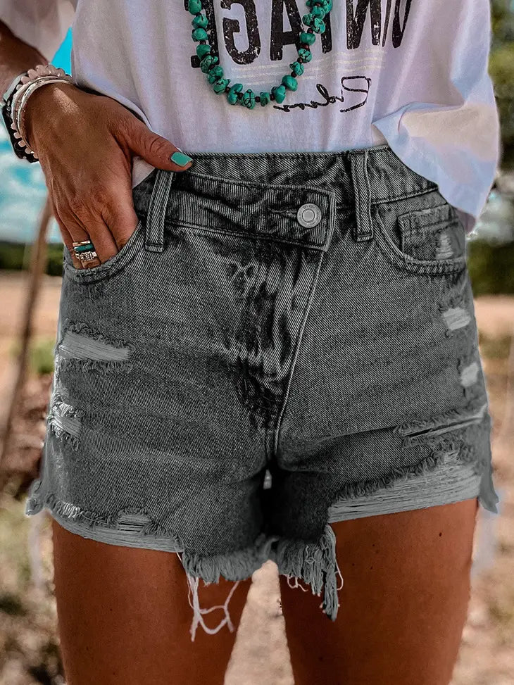 High Rise Crossover Waist Denim Shorts