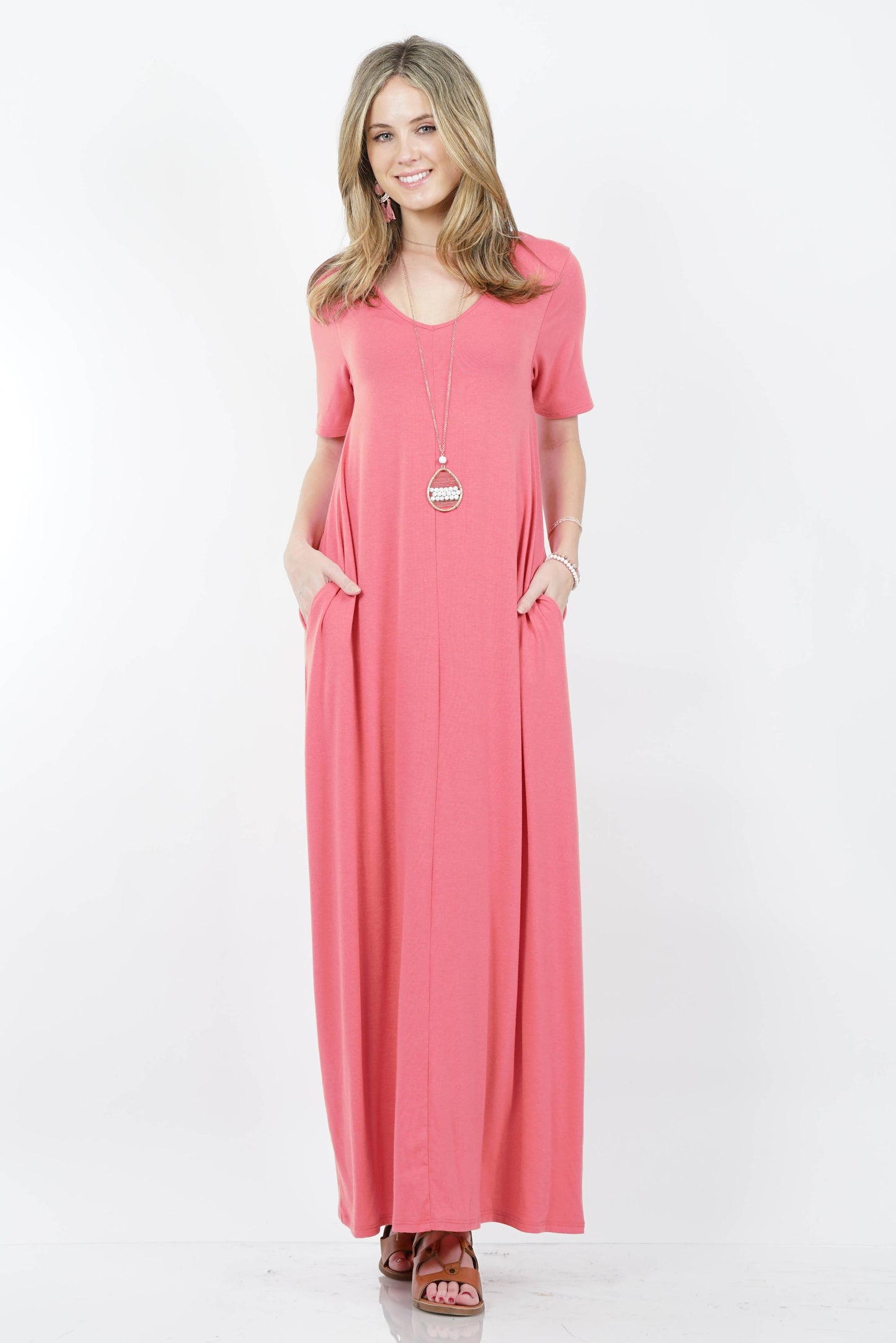 V Neck Short Sleeve Maxi Dress With Side Pockets