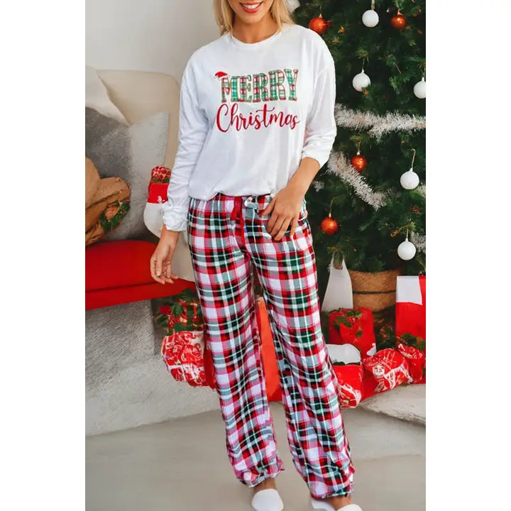 Merry Christmas Plaid Print Two Piece Lounge Set Multicolor