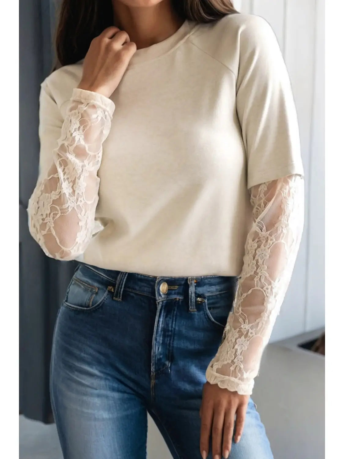 Las Solid Lace Patchwork Long Sleeve