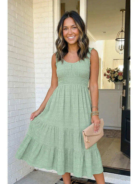 Las Shirred Square Neck Dress