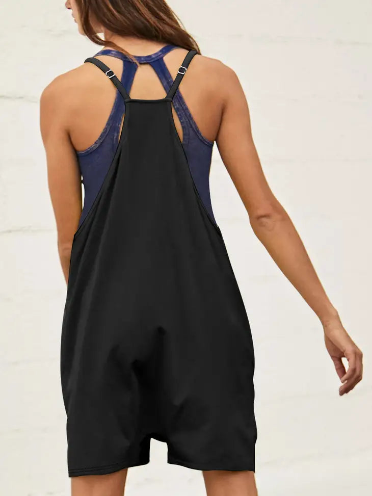 Black Big Patch Pocket Spaghetti Strap Romper